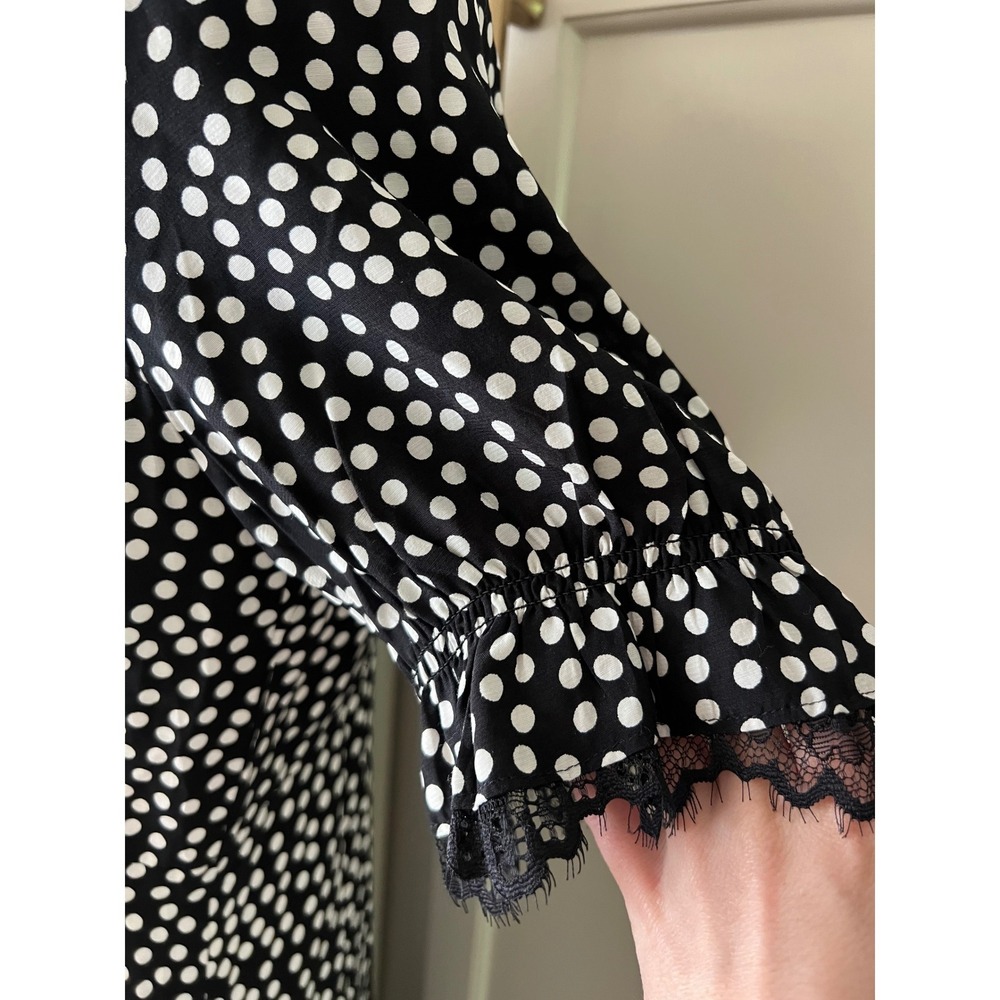 Talbots Polka Dot Lace Trim Midi Dress Black White V-Neck Short Sleeve NWT Sz 2 - Picture 12 of 15